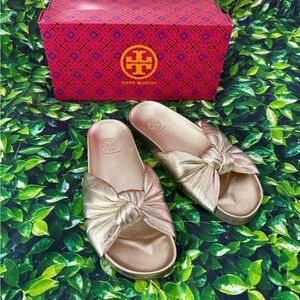 EUC Tory Burch Metallic Gold Knot Slides